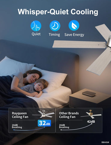 Rayqueen remote control for fan speed, light, temperature, and timer settings.