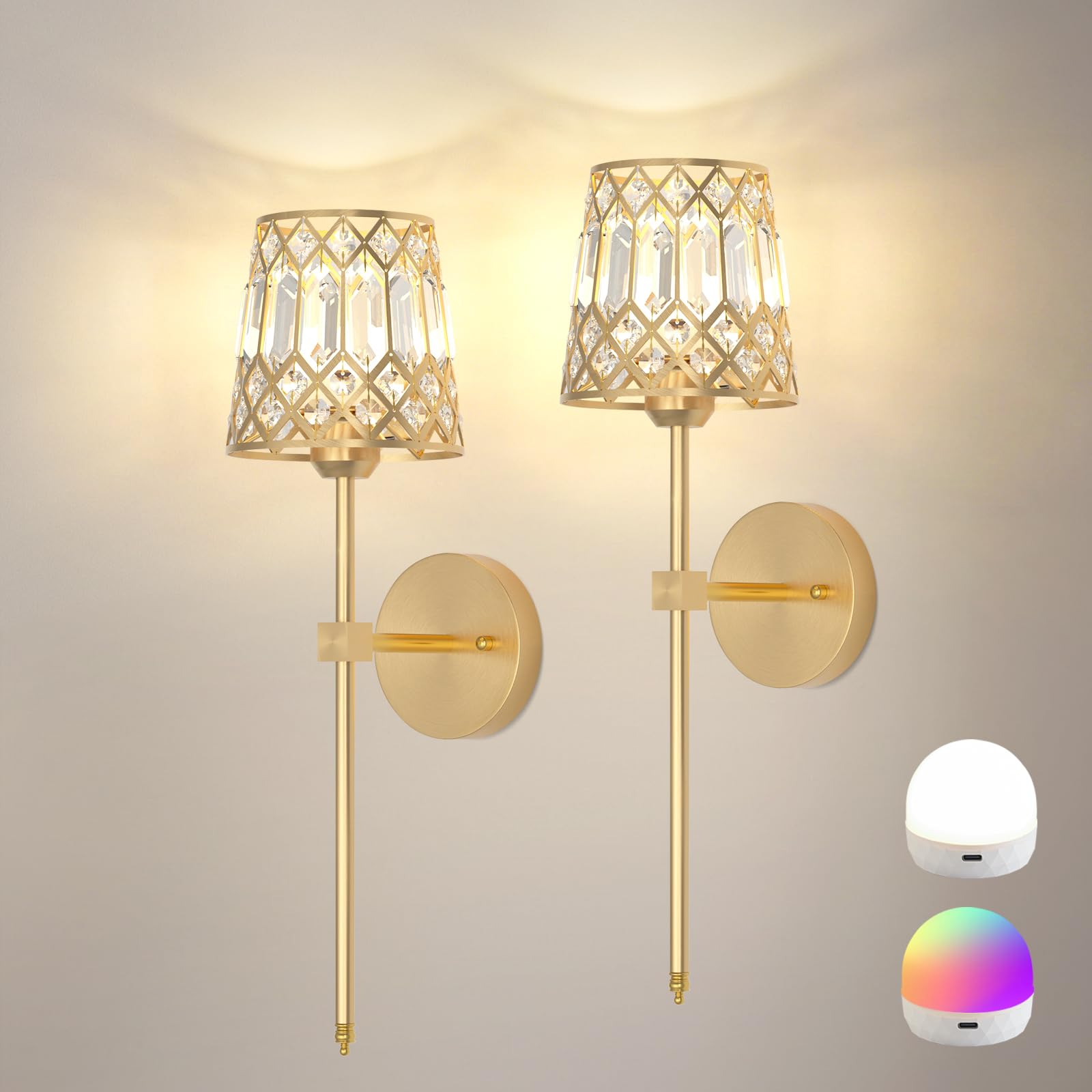 Rayspan gold battery-operated wall sconce with crystal shade for ambient living room lighting