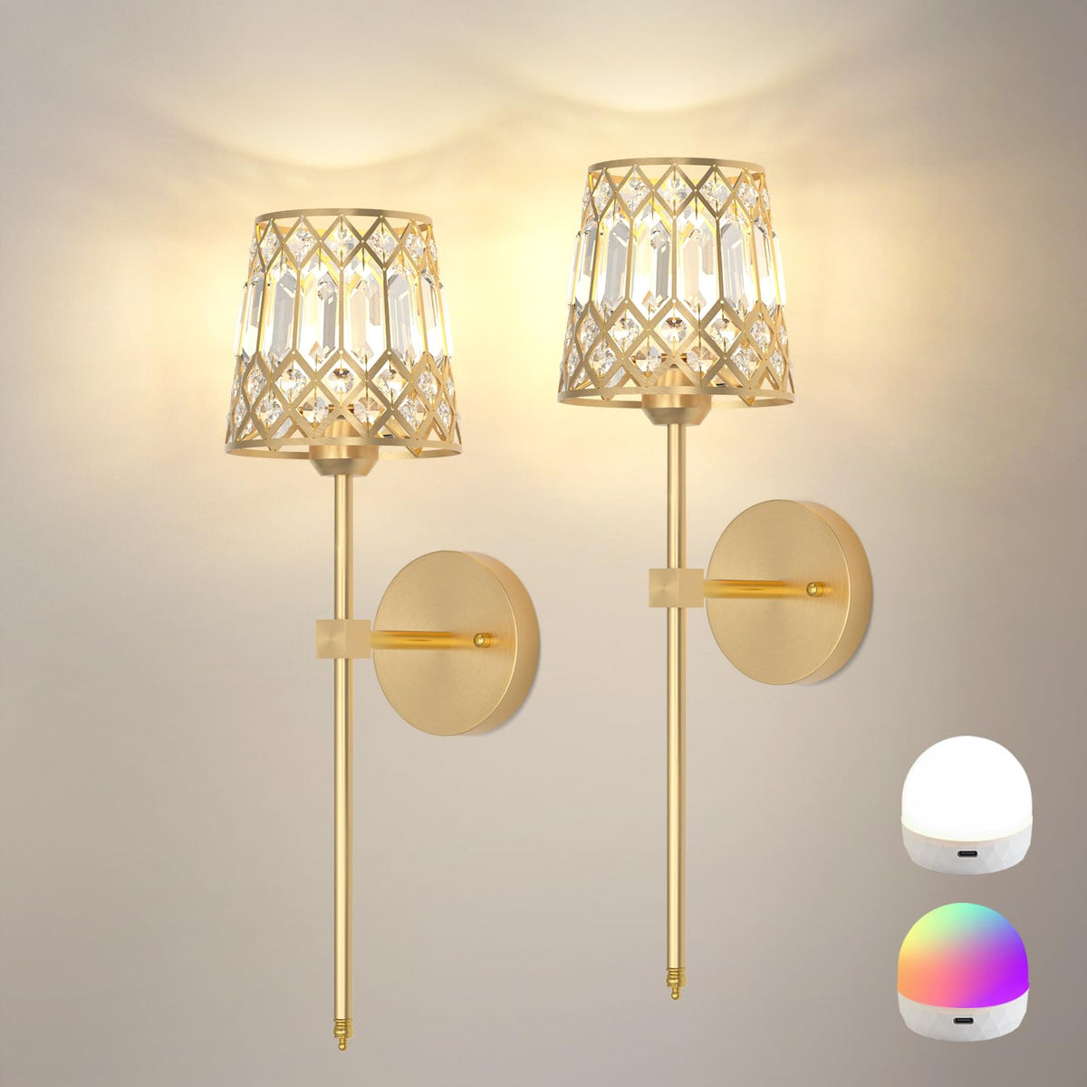 Rayspan gold battery-operated wall sconce with crystal shade for ambient living room lighting
