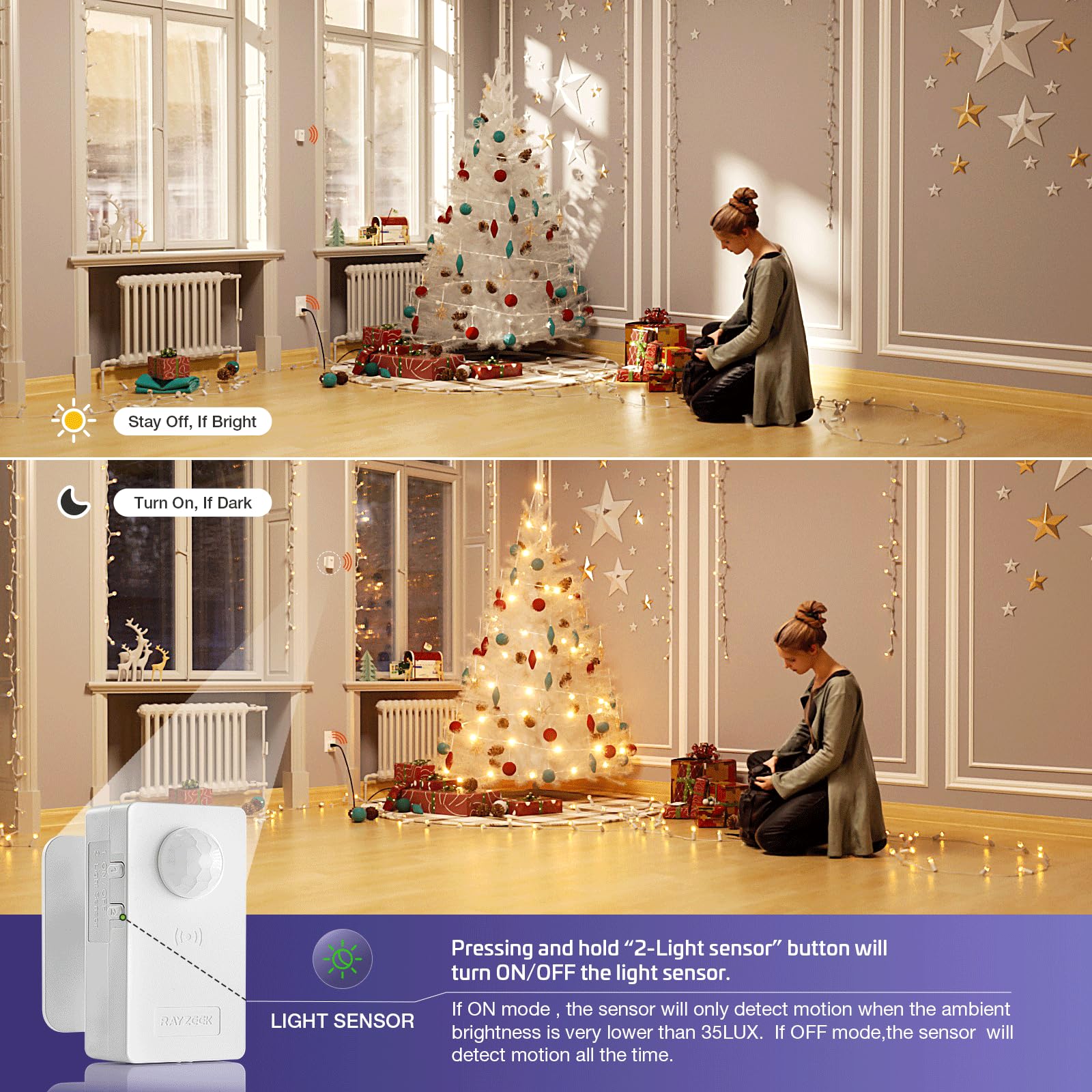 RAYZEEK motion sensor outlet side view showing compact plug-in design.