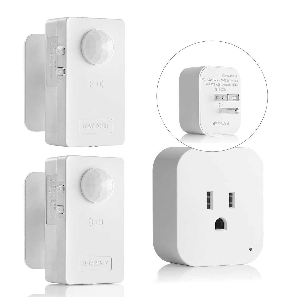 RAYZEEK wireless motion sensor outlet front view for hands-free lighting control.