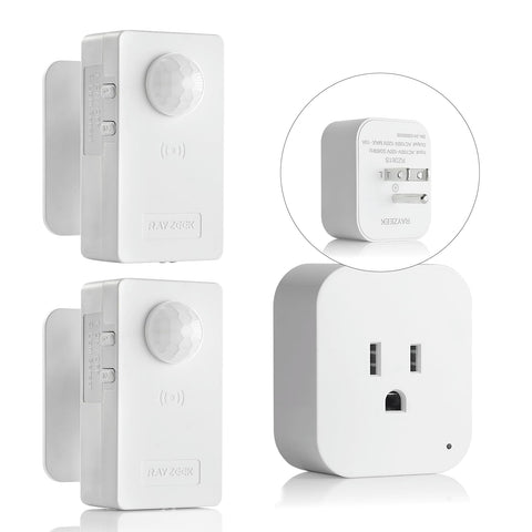 RAYZEEK wireless motion sensor outlet front view for hands-free lighting control.