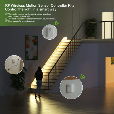 RAYZEEK Motion Sensor Emitter RZ016W detects movement and triggers lighting.