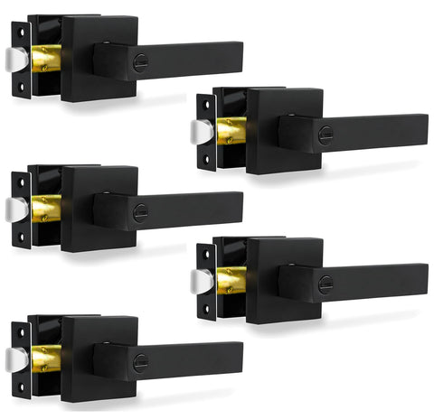 RAZCC privacy door lever matte black, front view highlighting sturdy hardware for bathrooms and bedrooms.