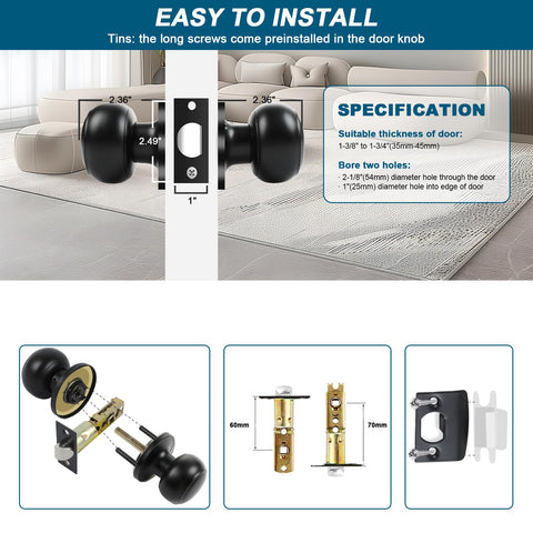 RAZCC standard thickness door knob with adjustable latch for versatile installation