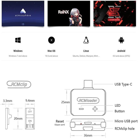 RCM Loader jig boot into CFW for Nintendo Switch enabling recovery mode access.