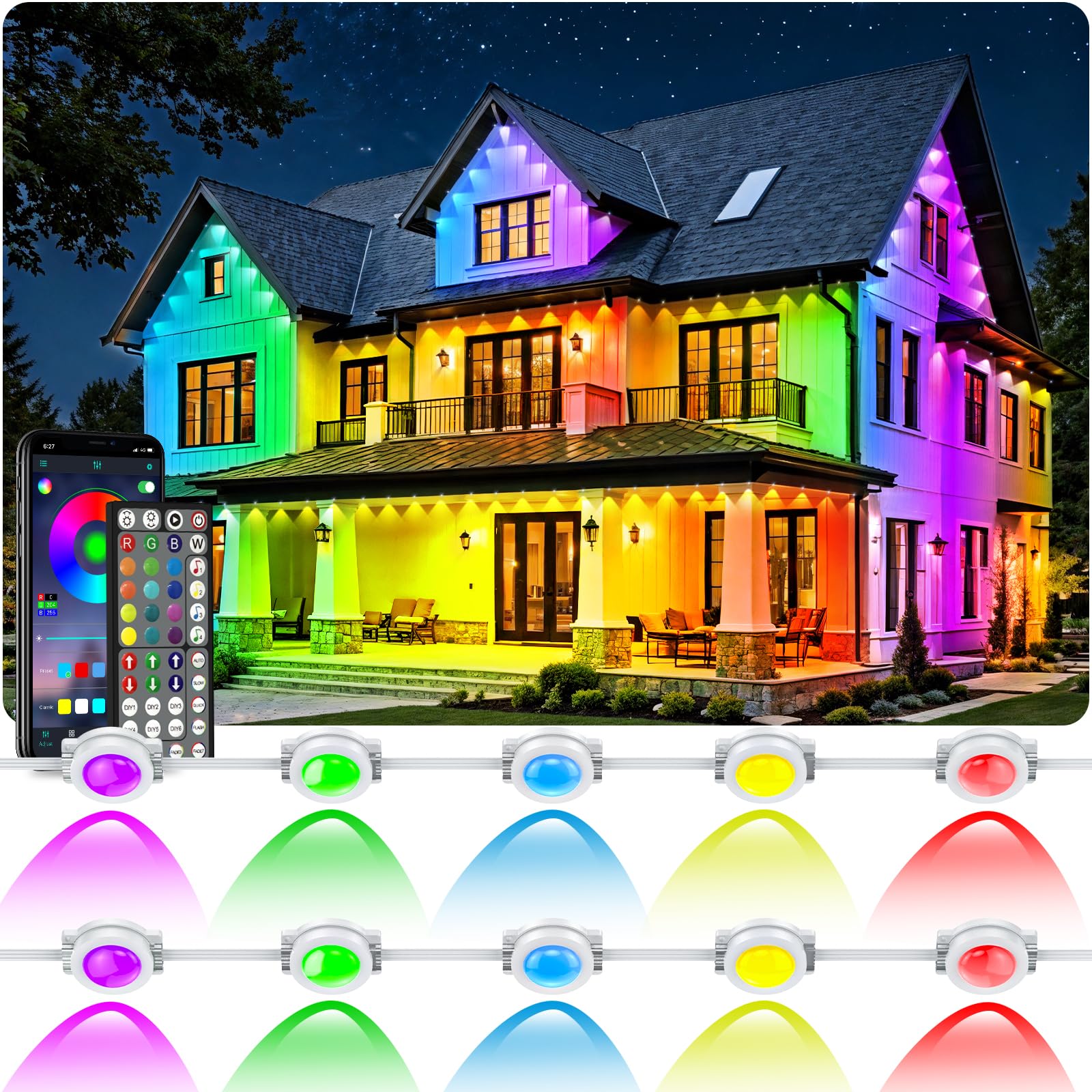 RCUICA 500ft outdoor lights displaying integrated waterproof LED ambiance for garden and deck.