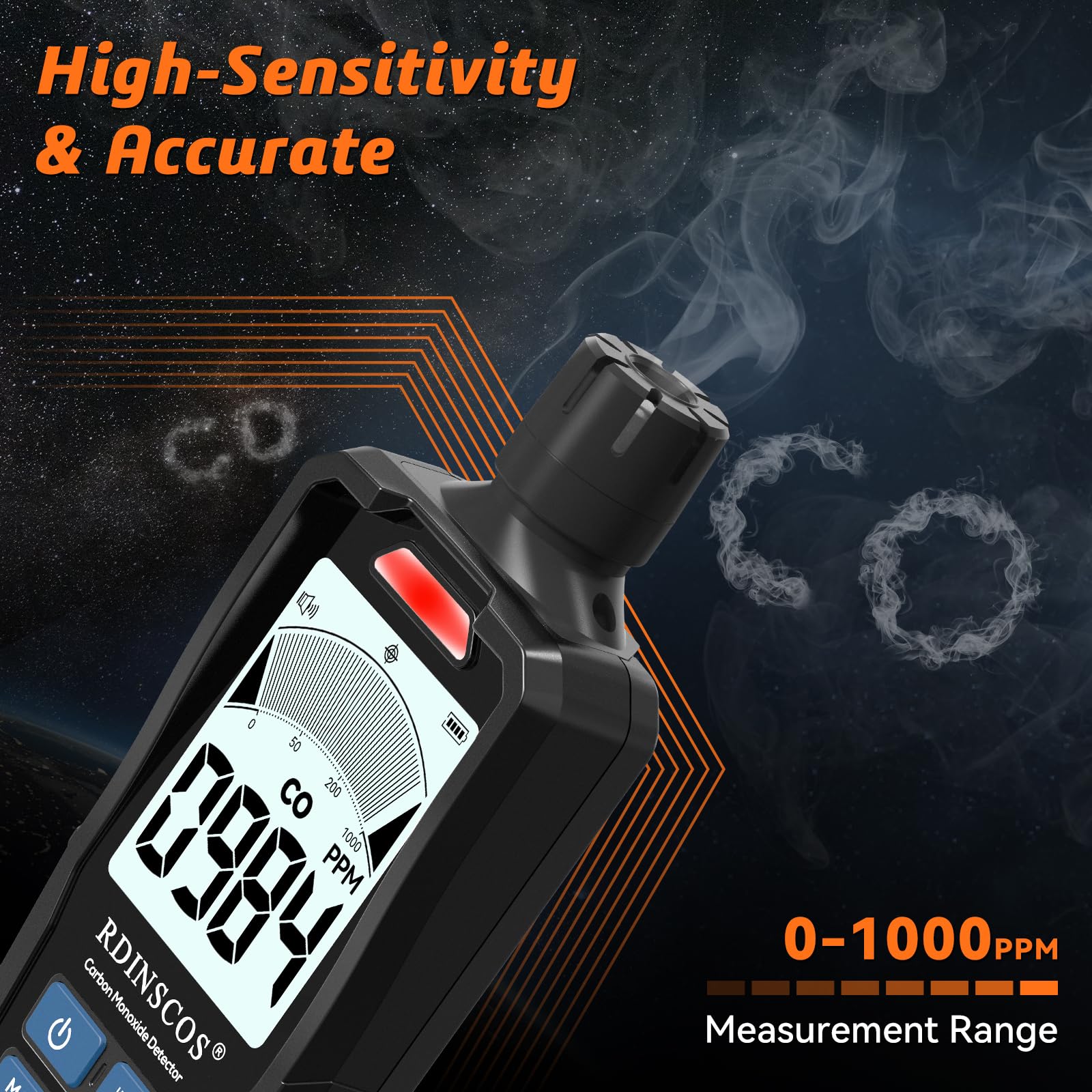 RDINSCOS CO detector LCD display shows real-time CO, temperature, and humidity.