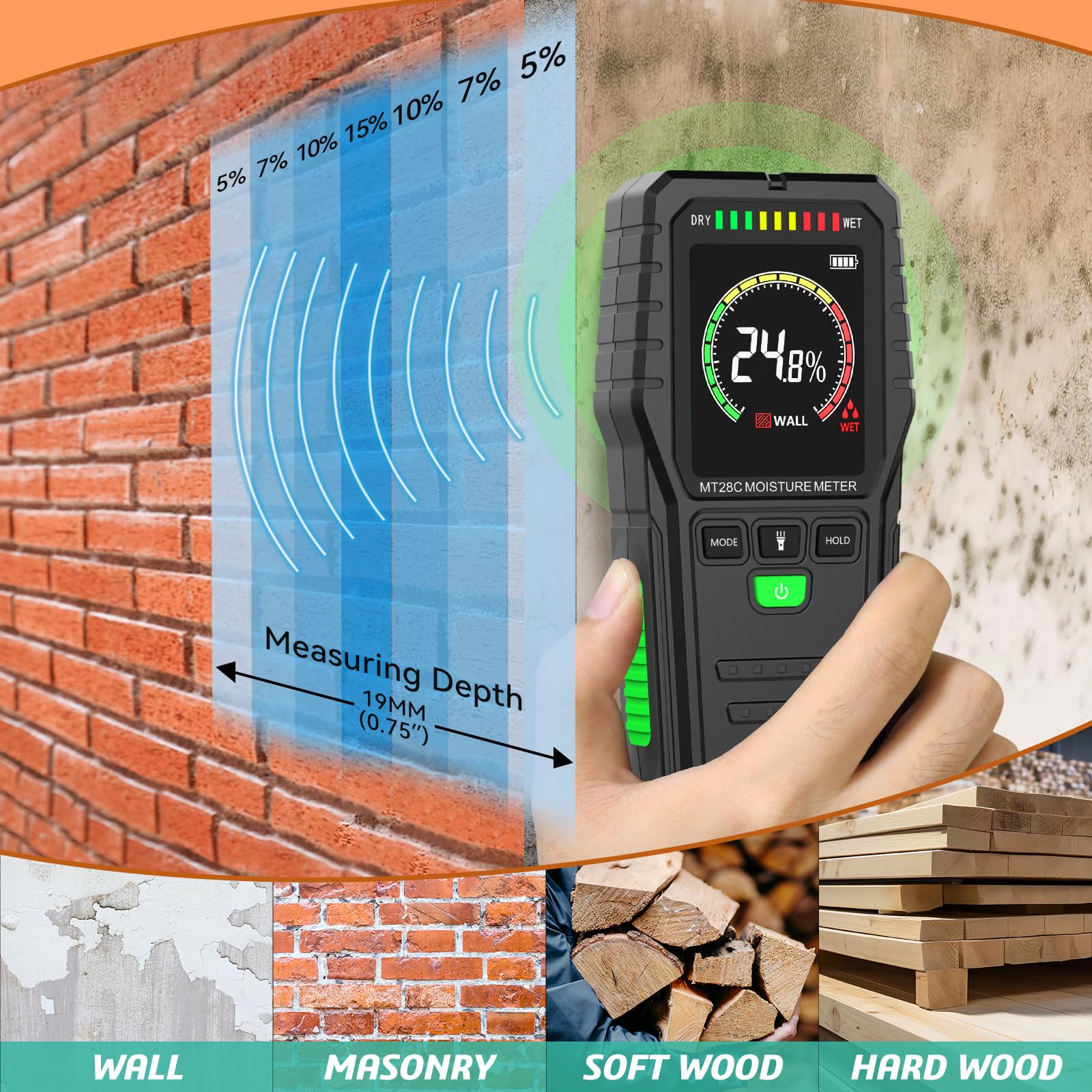 RDINSCOS digital moisture tester shown beside a concrete surface for precision.