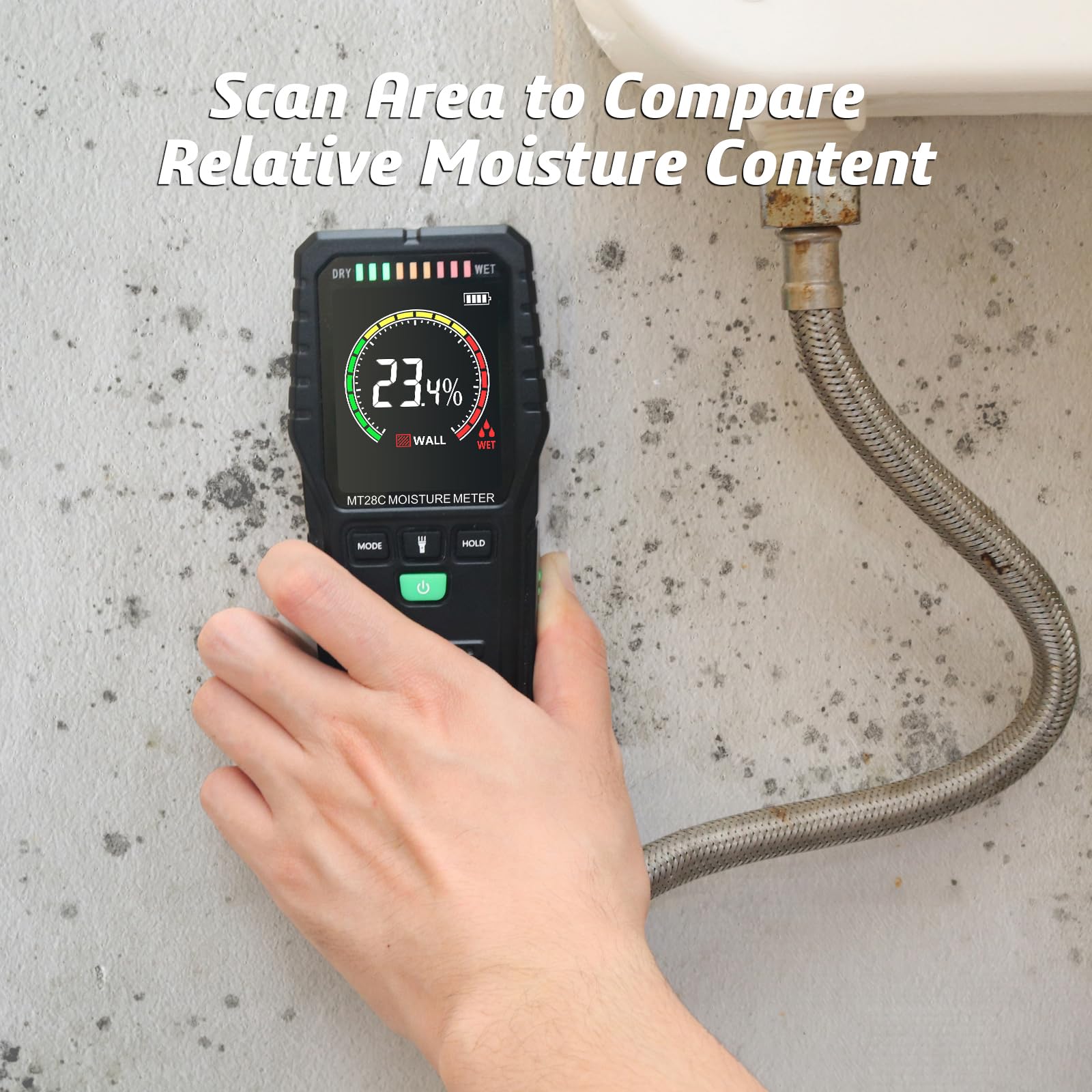 RDINSCOS moisture meter displays 3-color LCD to identify moisture levels at a glance.