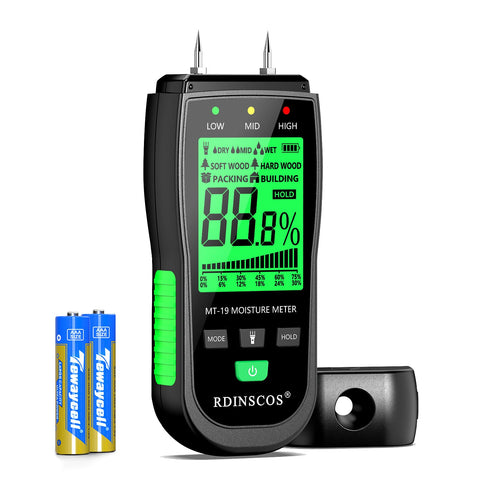 RDINSCOS moisture meter pin reading shows precise firewood moisture.