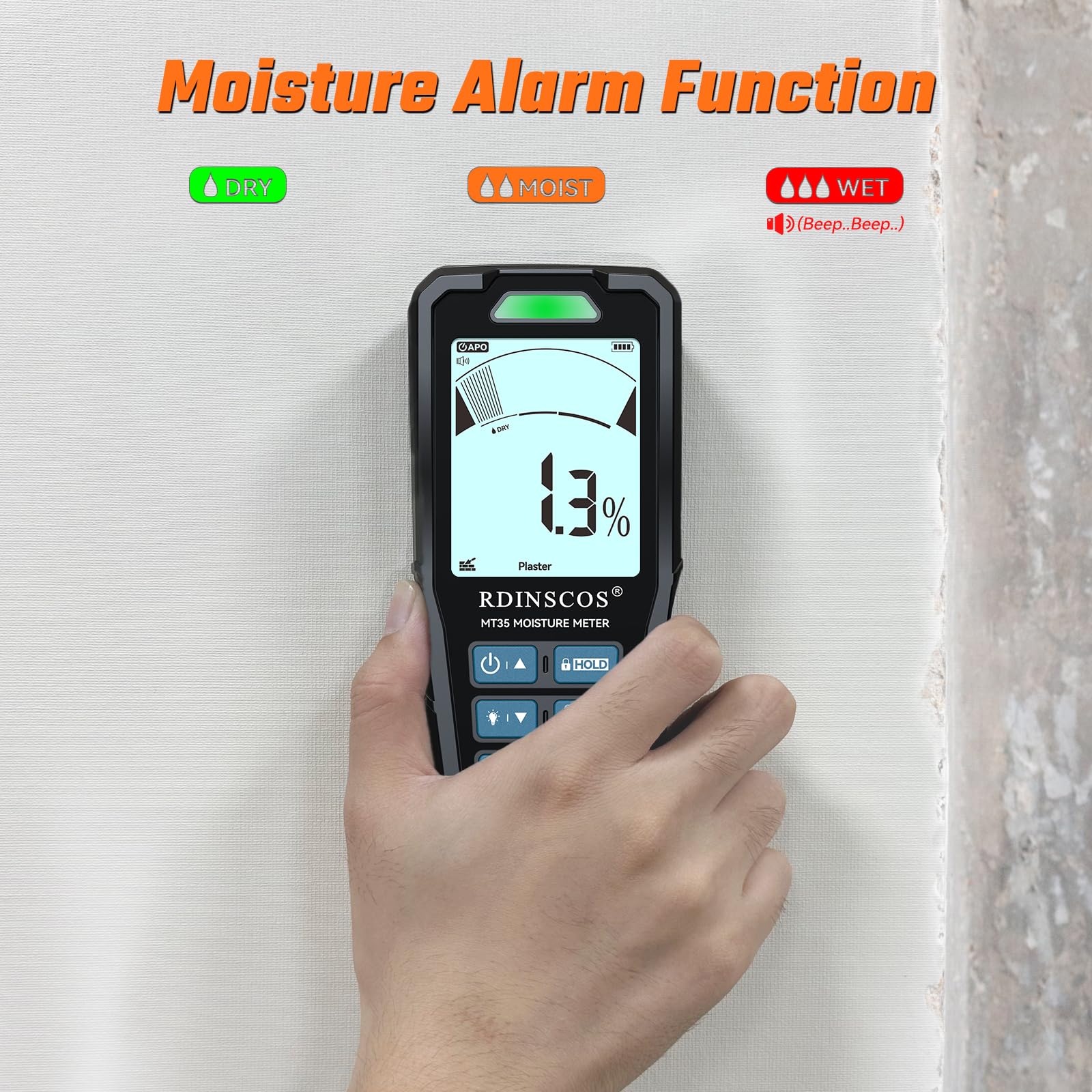 RDINSCOS pinless meter audible alarm flags detected moisture instantly