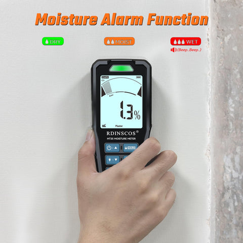 RDINSCOS pinless meter audible alarm flags detected moisture instantly