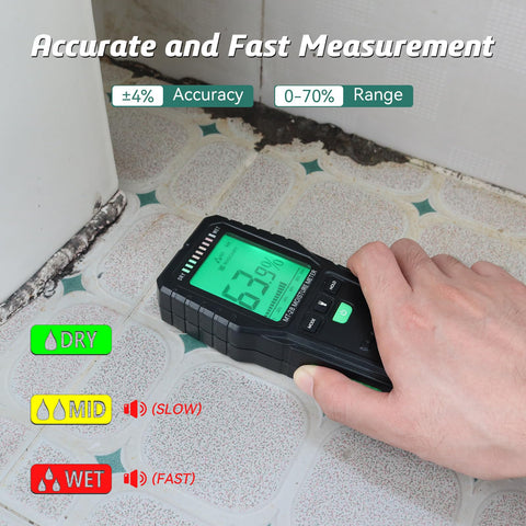 RDINSCOS pinless moisture meter in use with built-in flashlight for dark areas