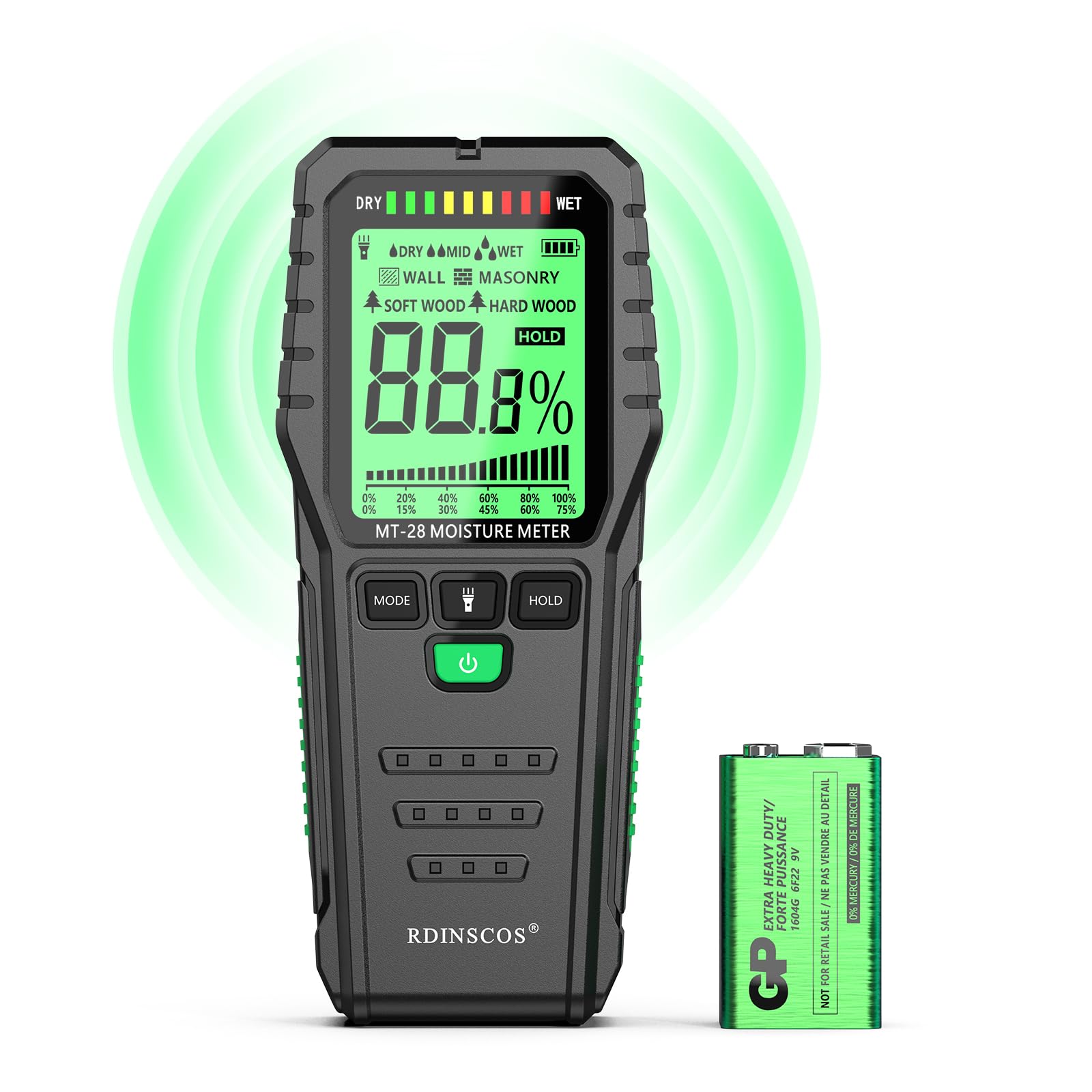 RDINSCOS pinless moisture meter front view for fast wall and wood checks
