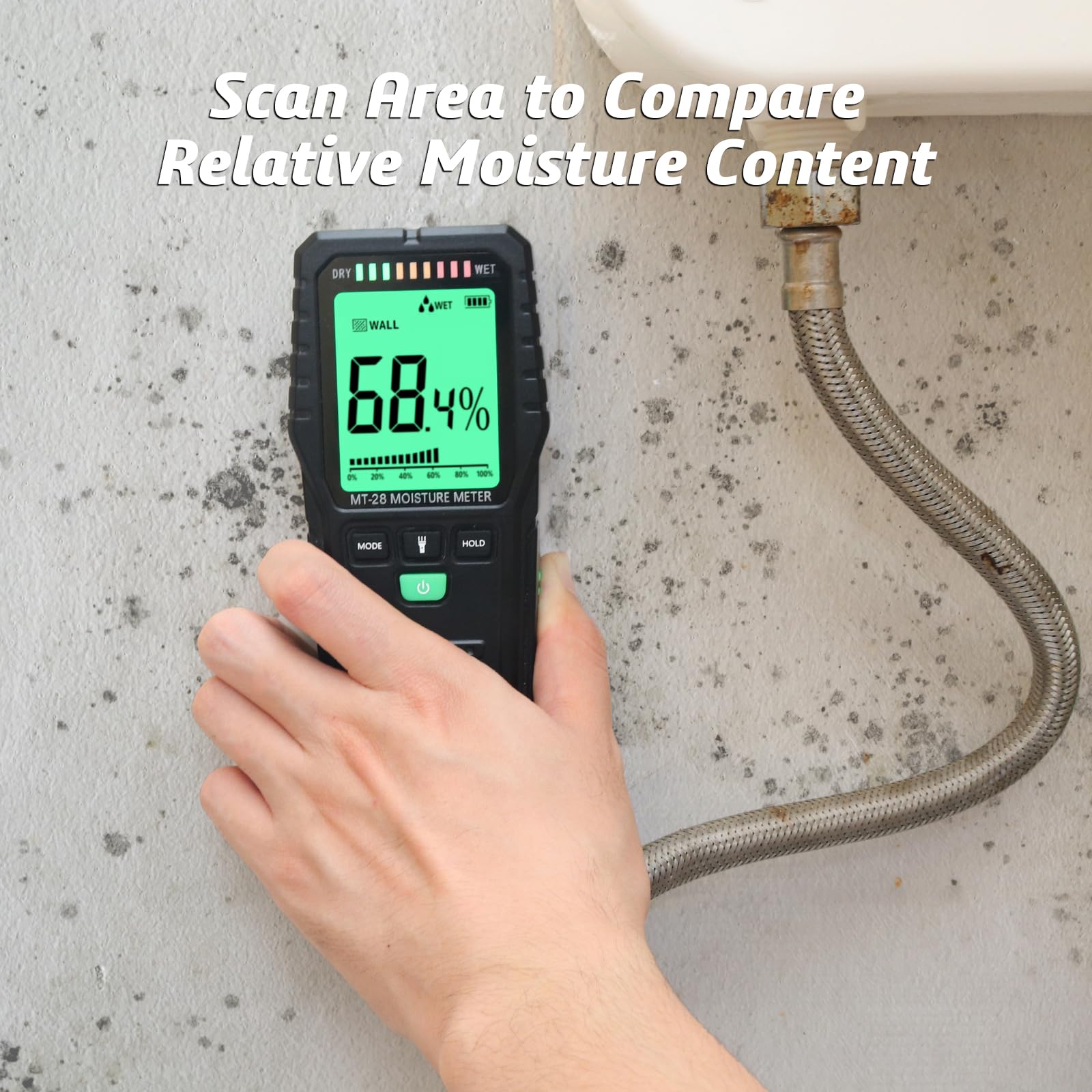 RDINSCOS digital tester showing three-color LCD readout for moisture ranges