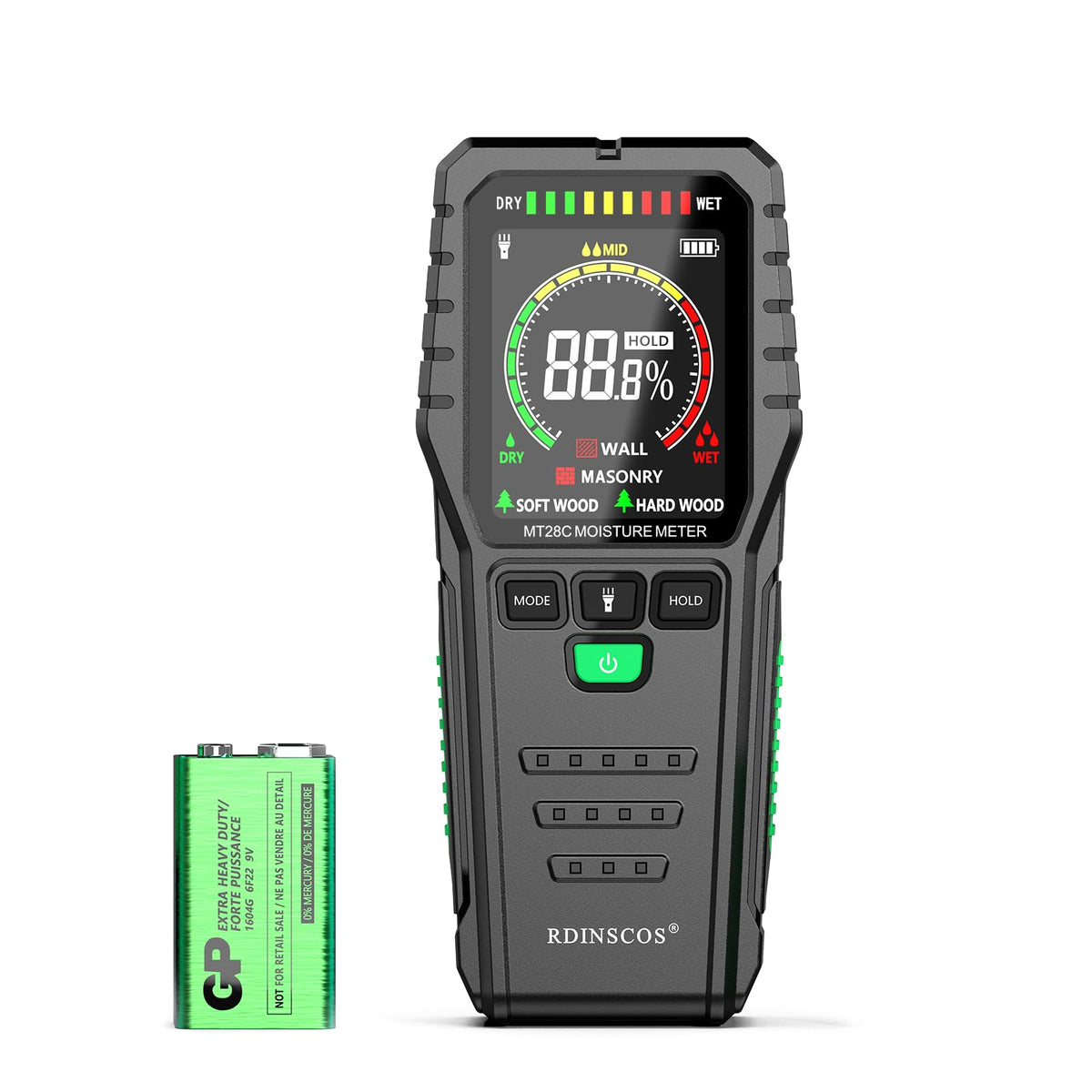 RDINSCOS pinless moisture meter on a wall with clear LCD reading for quick checks.