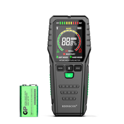 RDINSCOS pinless moisture meter on a wall with clear LCD reading for quick checks.