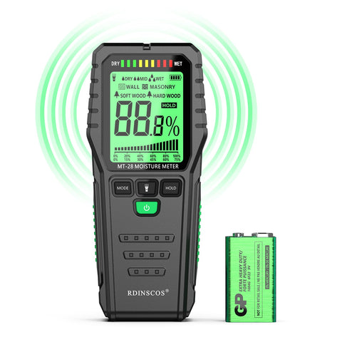 RDINSCOS pinless moisture meter with three-color LCD displays wood moisture levels