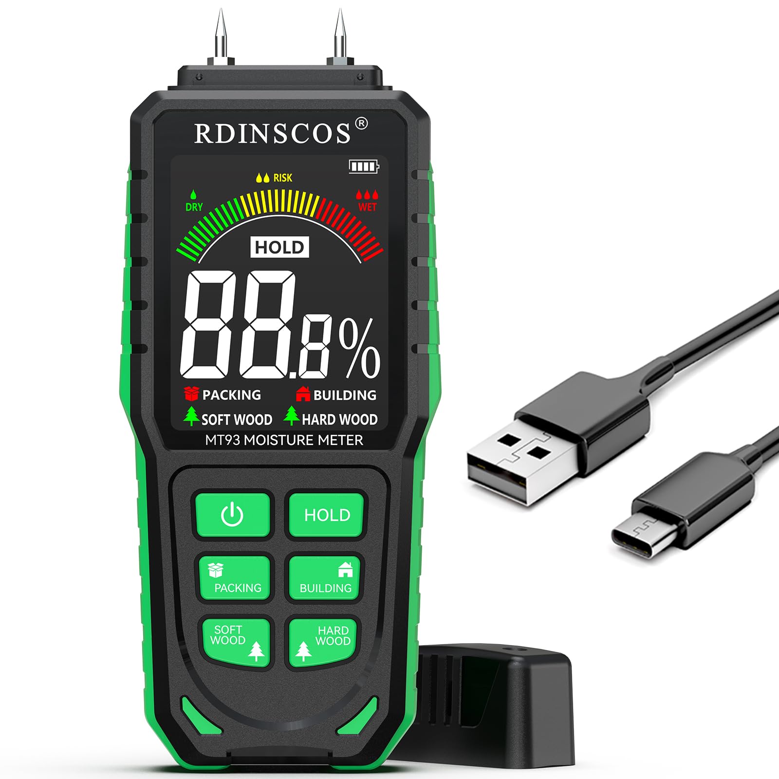 RDINSCOS rechargeable moisture meter for wood and walls shows precise readings for DIY projects.
