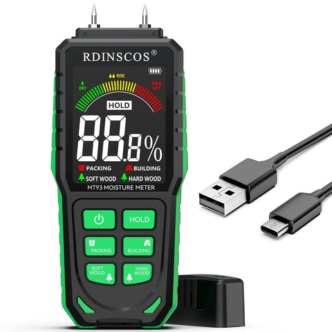 RDINSCOS rechargeable moisture meter for wood and walls shows precise readings for DIY projects.