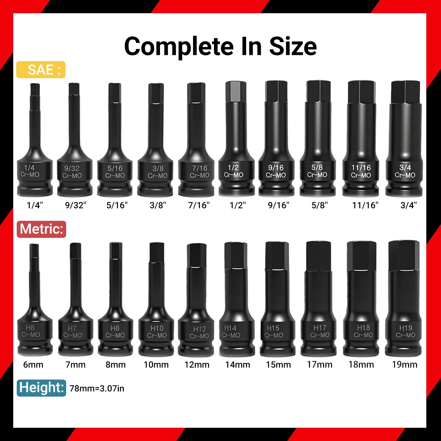 RDTRDT half-inch drive hex bits with SAE and metric coverage.