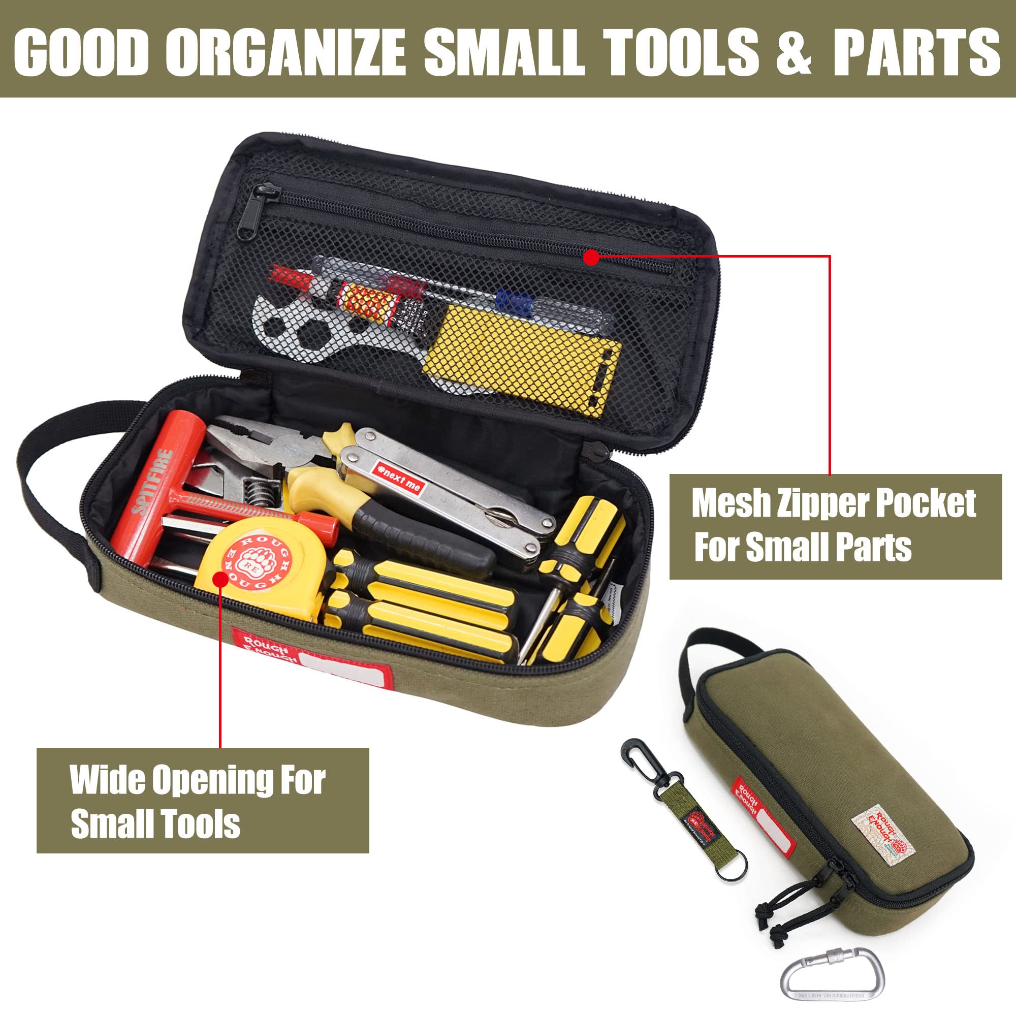 RE ROUGH ENOUGH small tool bag with nylon lining for durable storage.