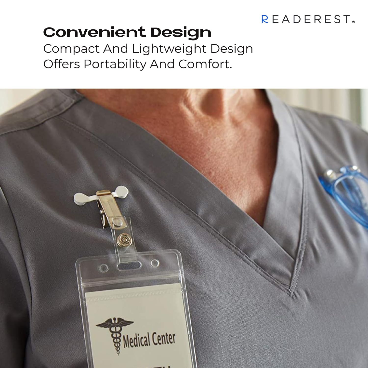 Readerest badge-pin compatible clip safely attaches to clothing.