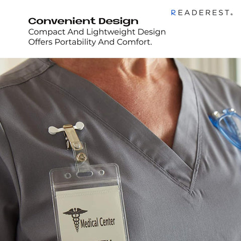 Readerest badge-pin compatible clip safely attaches to clothing.