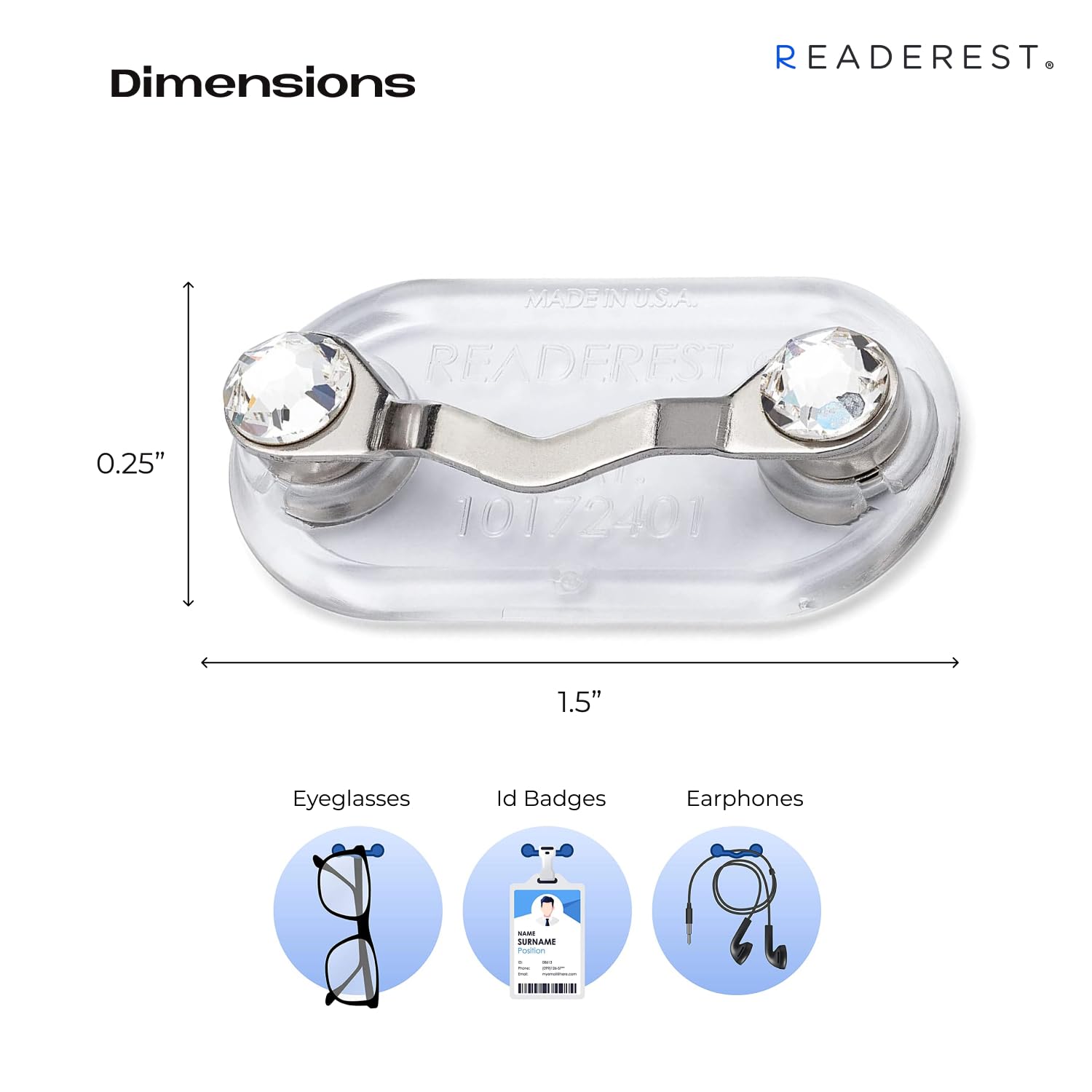 Readerest on-shirt clip secures readers during busy tasks.