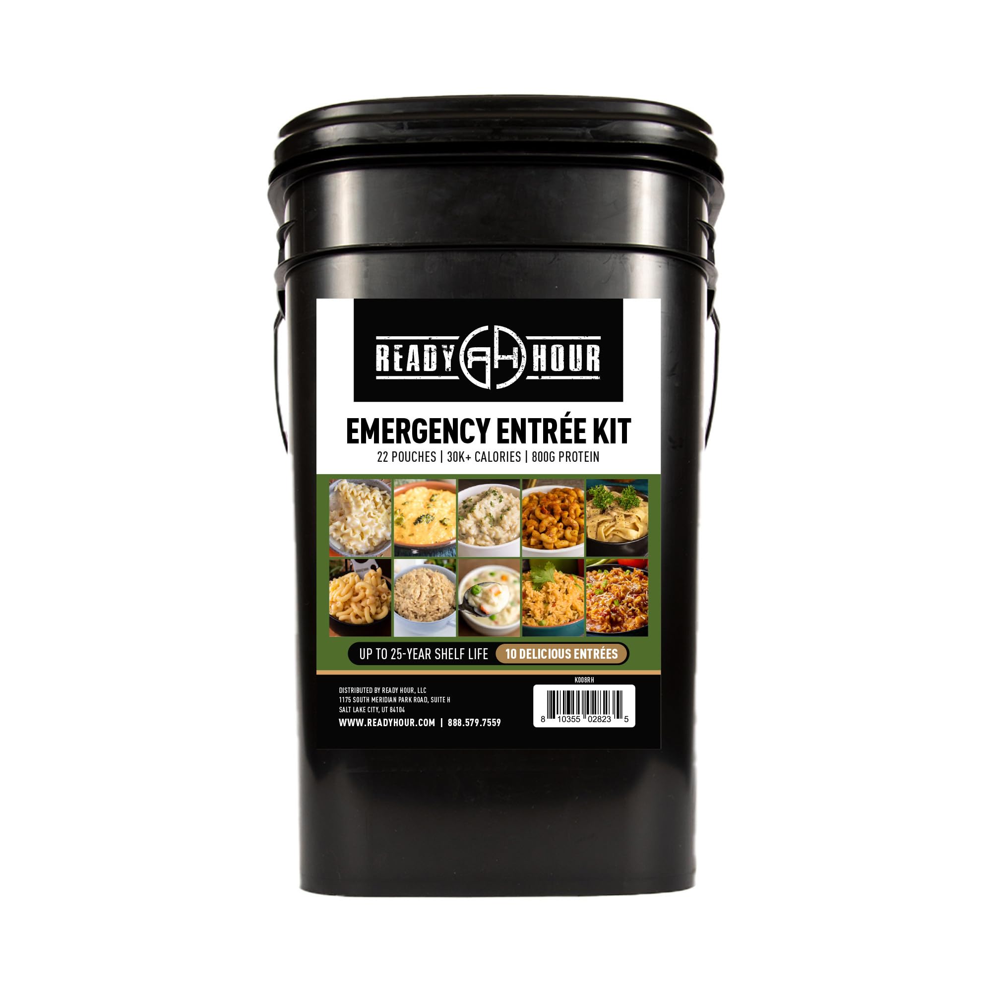Ready Hour 120-serving entree bucket exterior shows rugged, transport-ready packaging for emergencies.