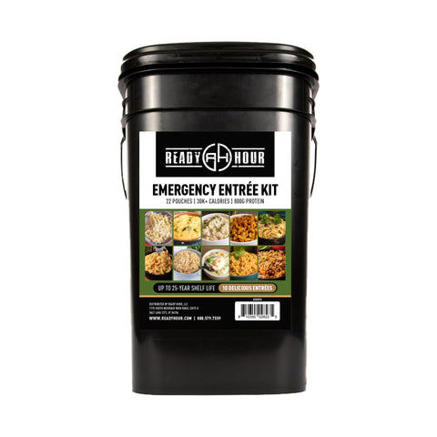 Ready Hour 120-serving entree bucket exterior shows rugged, transport-ready packaging for emergencies.