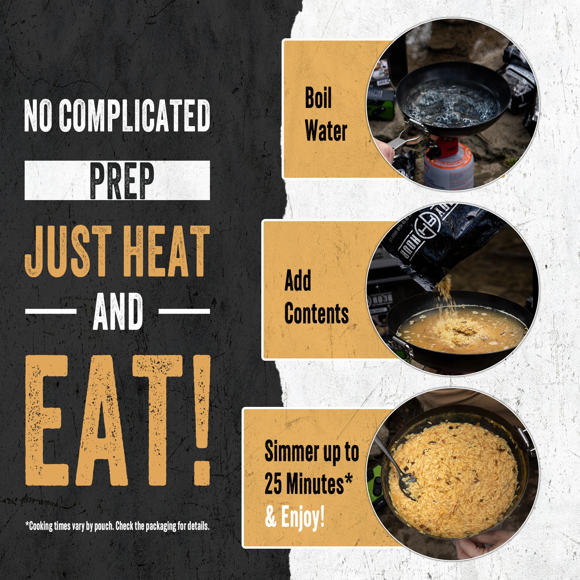 Ready Hour camping and hiking scene shows convenient, ready-to-eat meals outdoors.