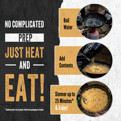 Ready Hour camping and hiking scene shows convenient, ready-to-eat meals outdoors.