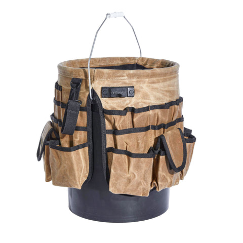 Sturdy waxed canvas texture highlights durability for heavy-duty use.