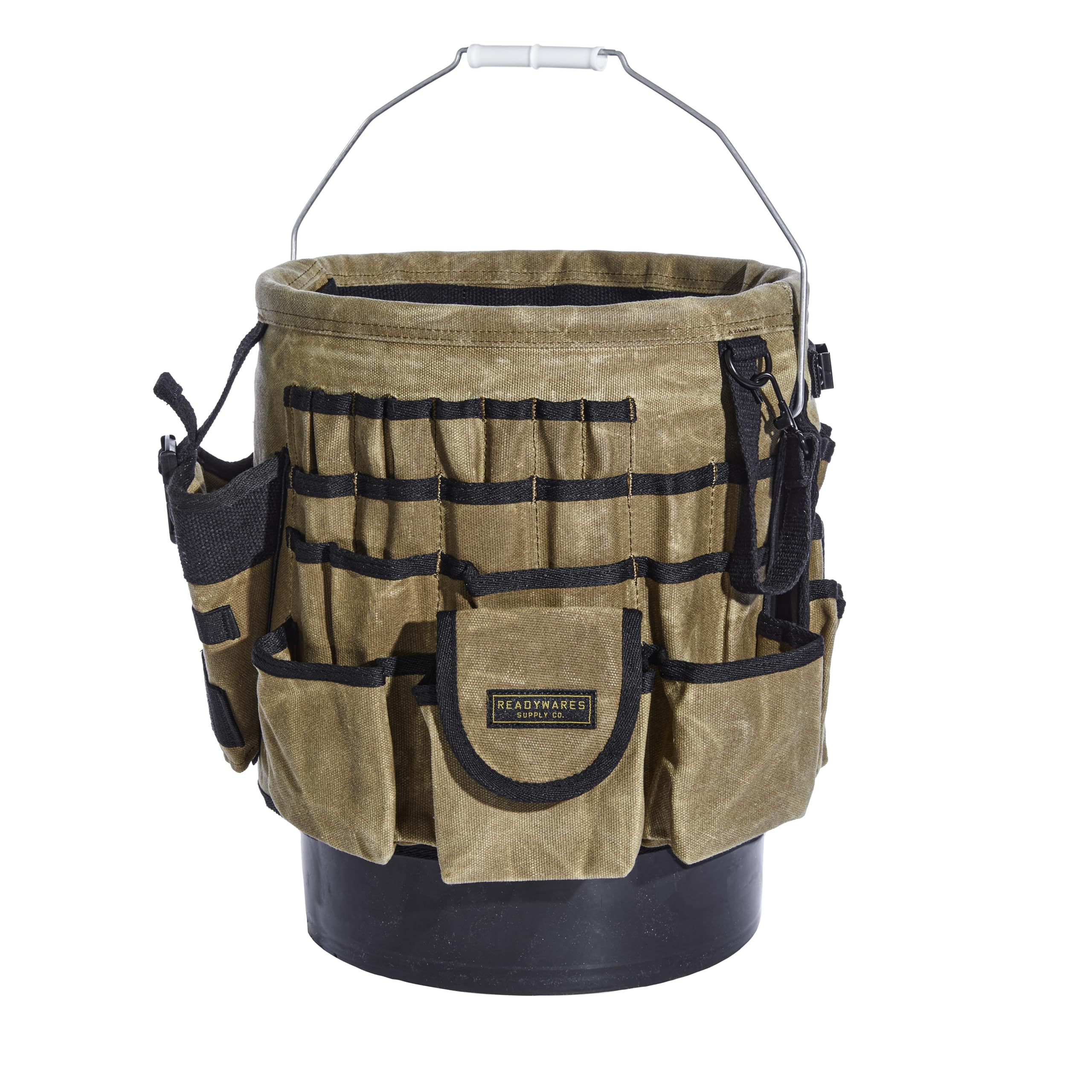 Readywares waxed canvas tool bucket organizer close-up showing 58 pockets for quick access.