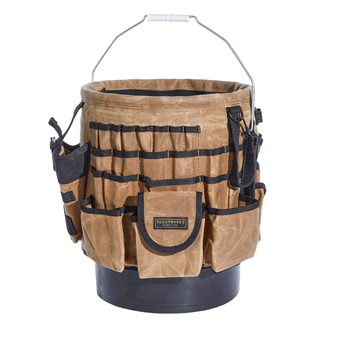 Readywares waxed canvas tool bucket organizer close-up showing 58 pockets for quick access.