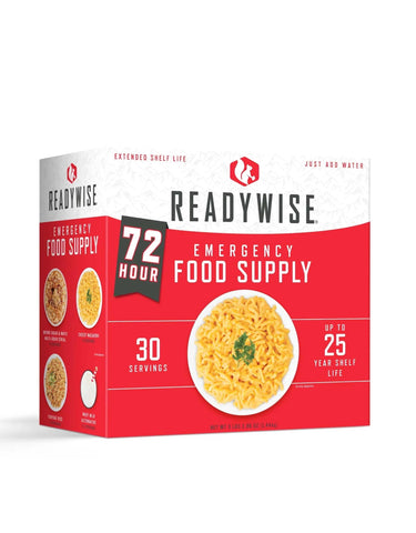 ReadyWise emergency food 72-hour kit packaging showing compact storage for home or car use