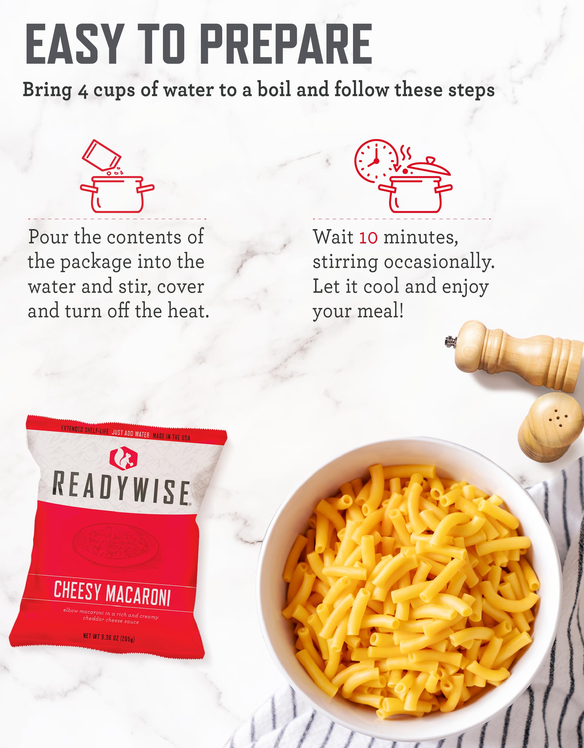 ReadyWise freeze-dried meal cheesy macaroni in a portable pack for quick meals