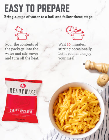 ReadyWise freeze-dried meal cheesy macaroni in a portable pack for quick meals