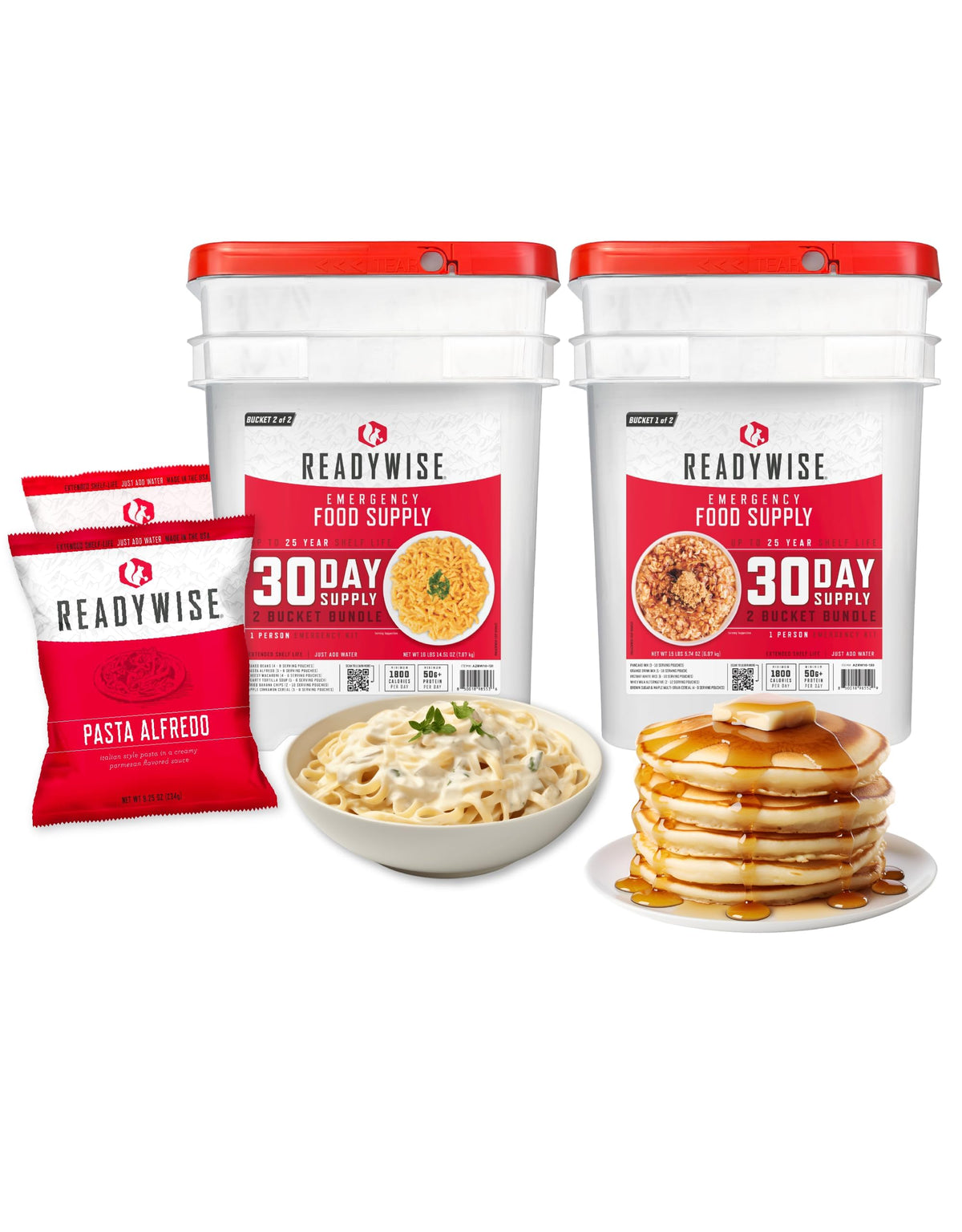 ReadyWise two buckets of emergency food for easy storage and quick meals.
