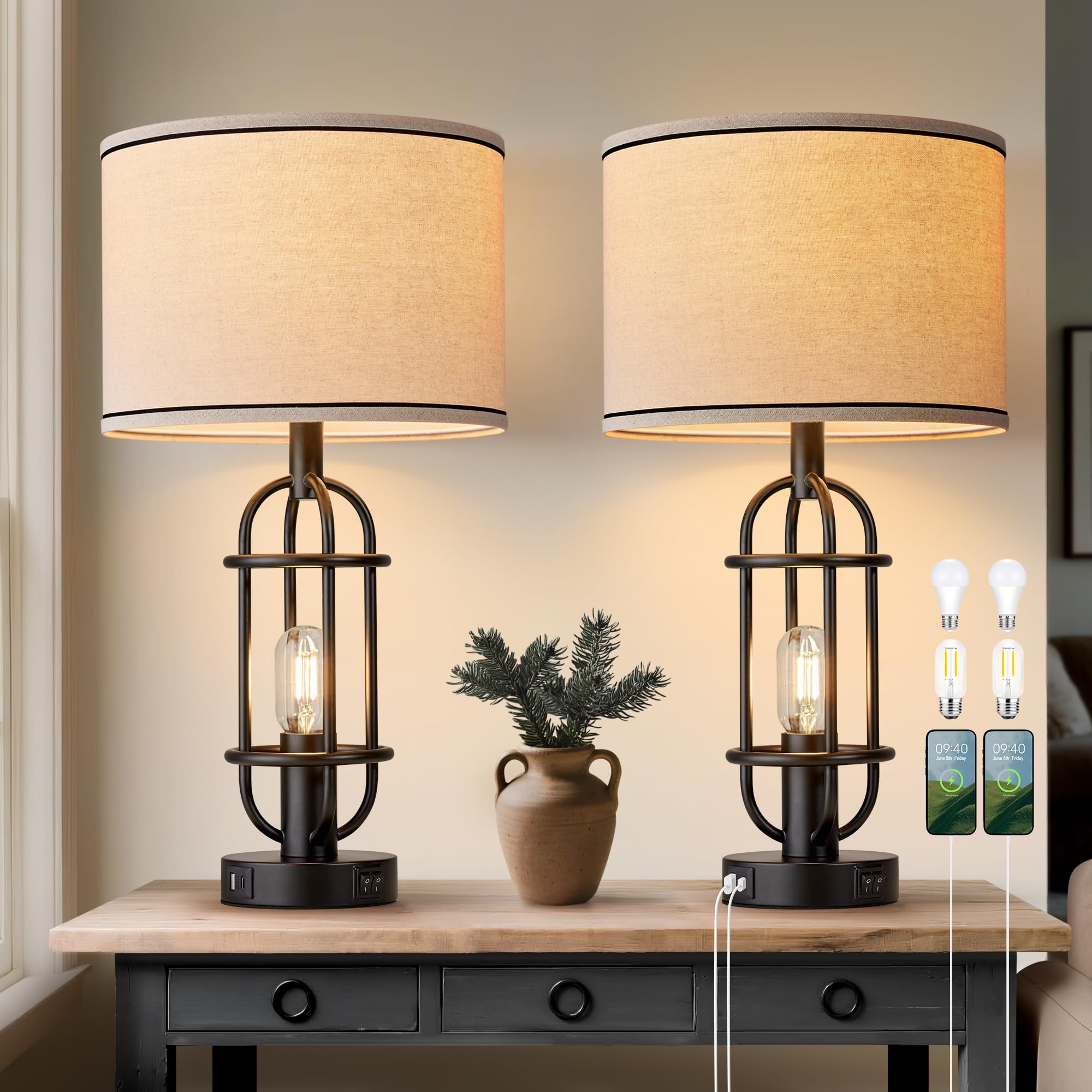 Reaketon black table lamps pair on nightstand provide warm ambient lighting.