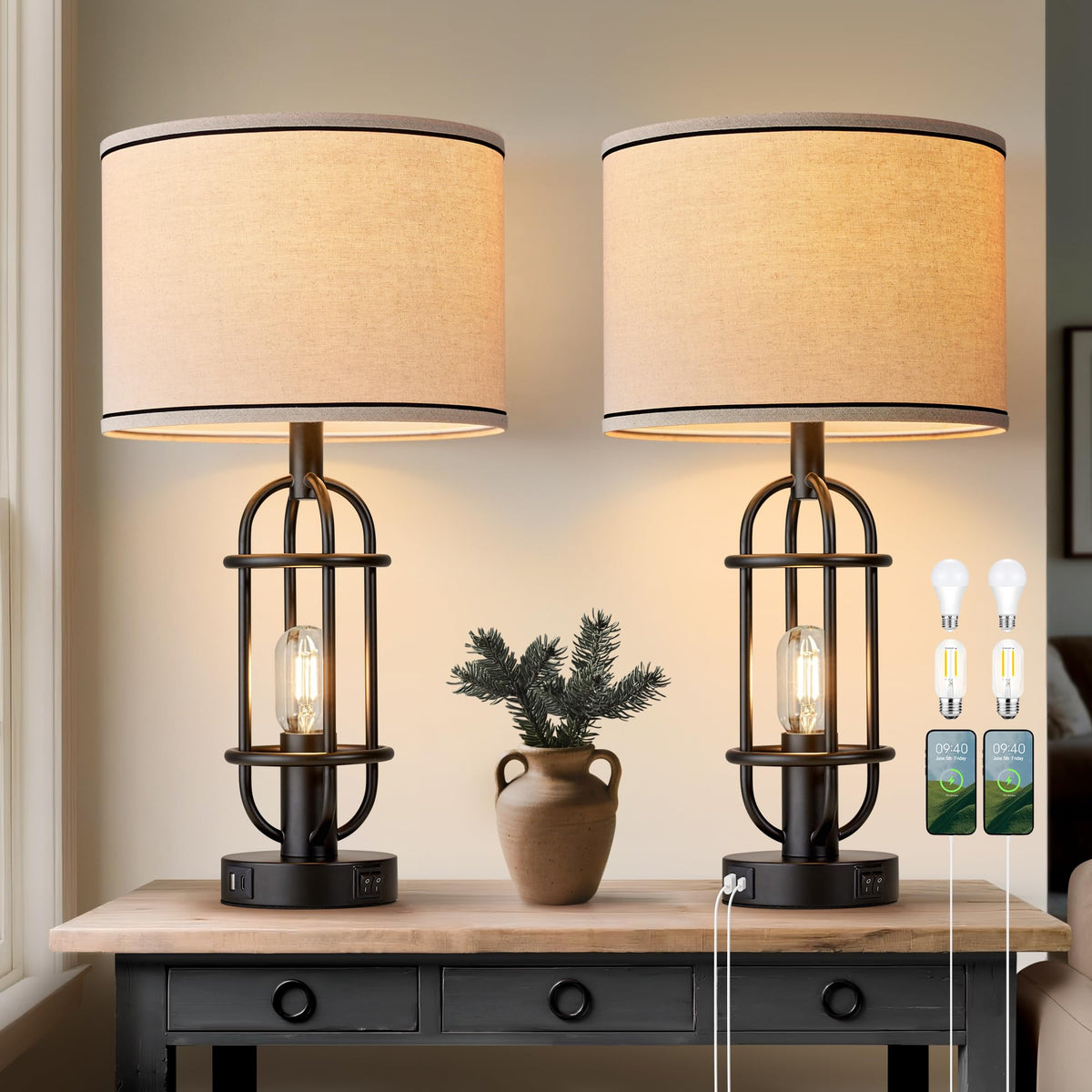 Reaketon black table lamps pair on nightstand provide warm ambient lighting.
