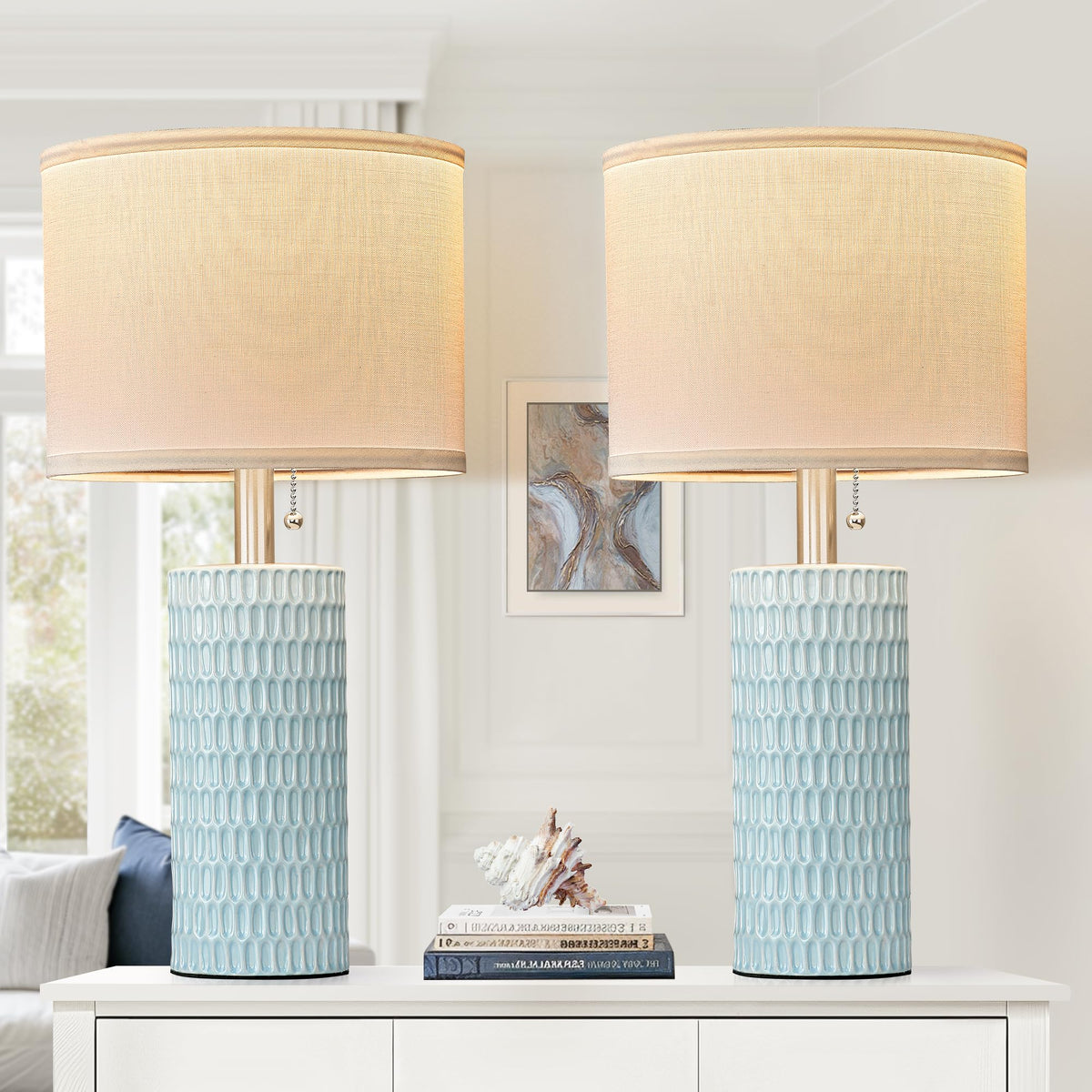 Reaketon blue ceramic table lamps set of 2 for living room ambiance and durability.