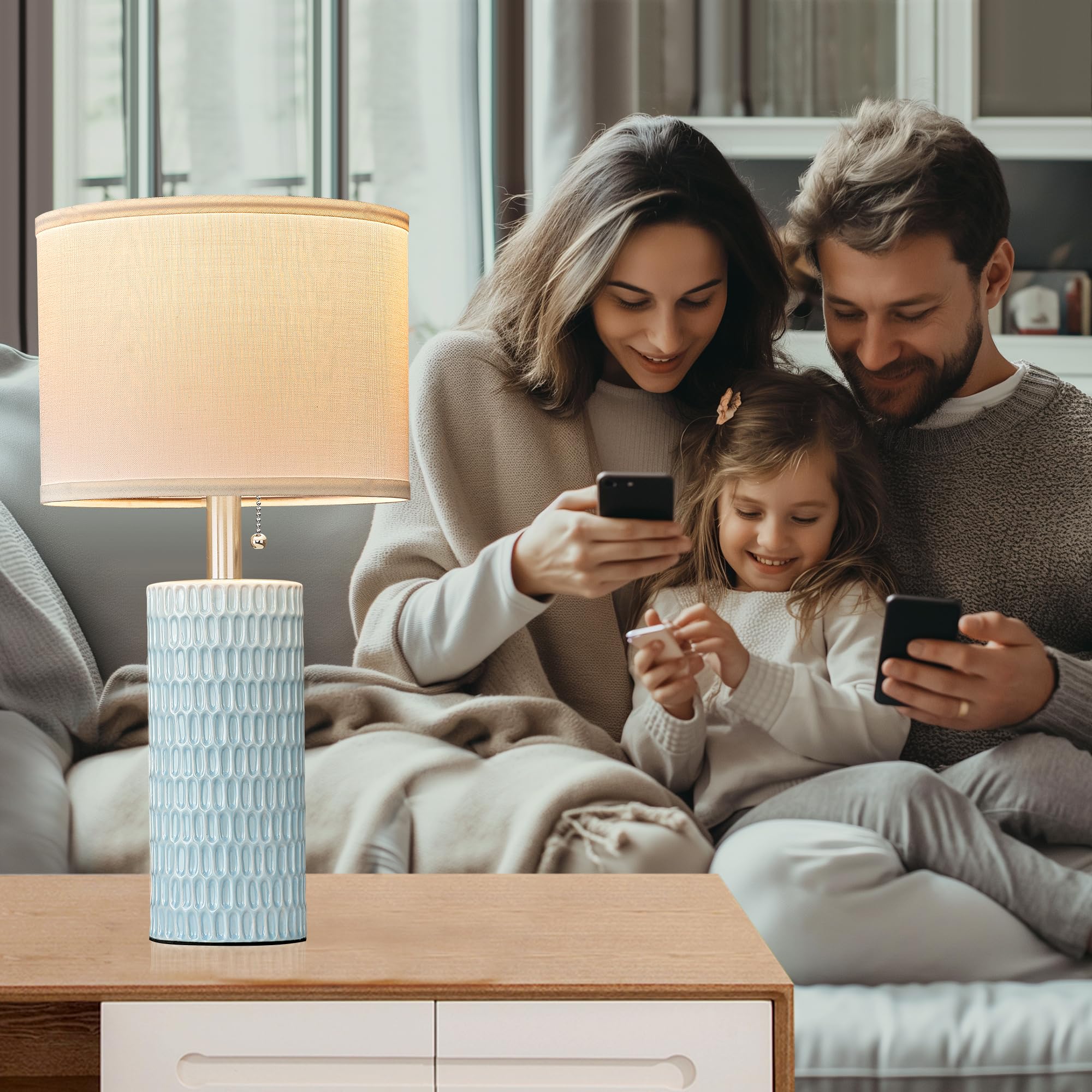 Reaketon blue fabric-shade lamps provide soft light for bedrooms and desks.