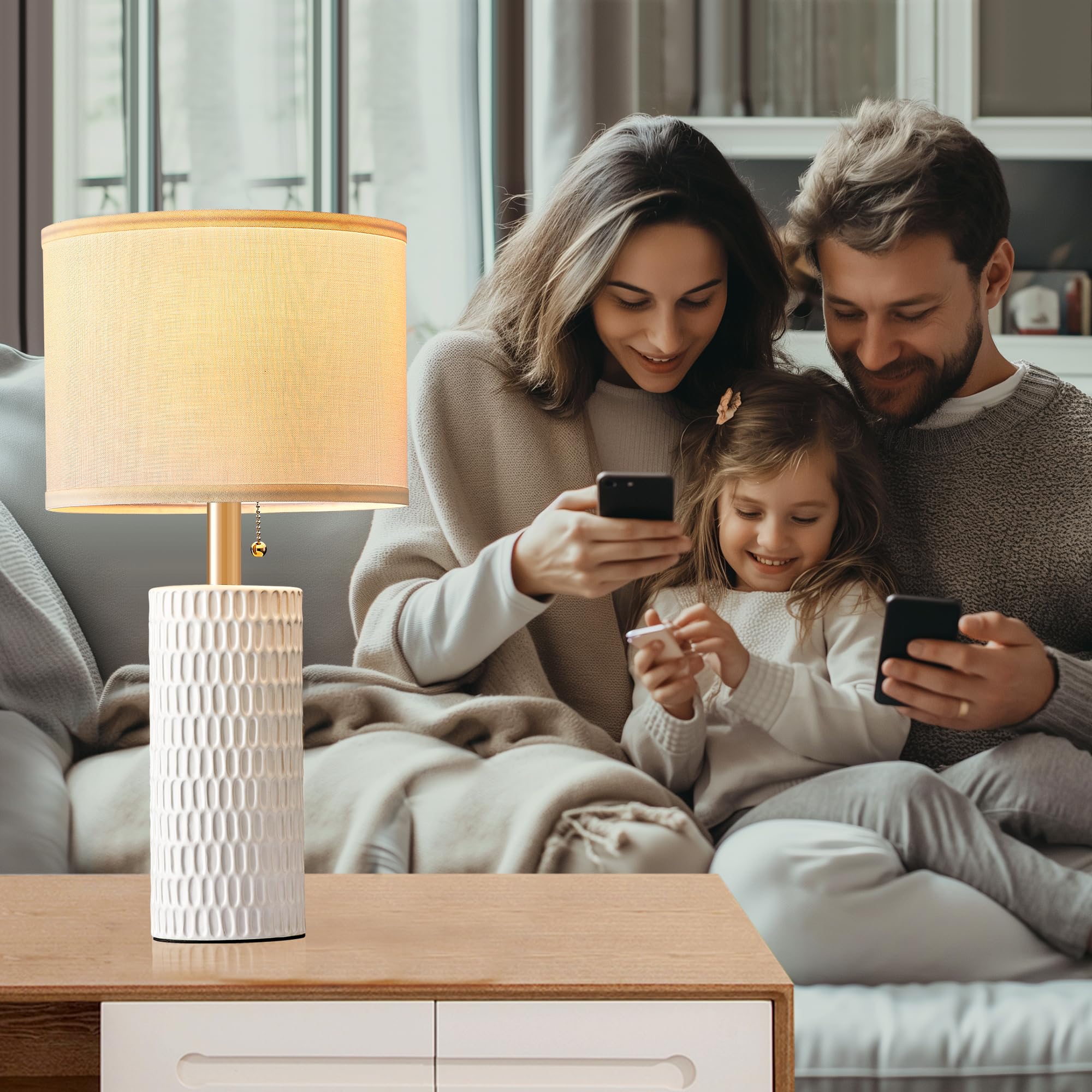 Ceramic lamp bodies with fabric shades maintain a premium look over time.