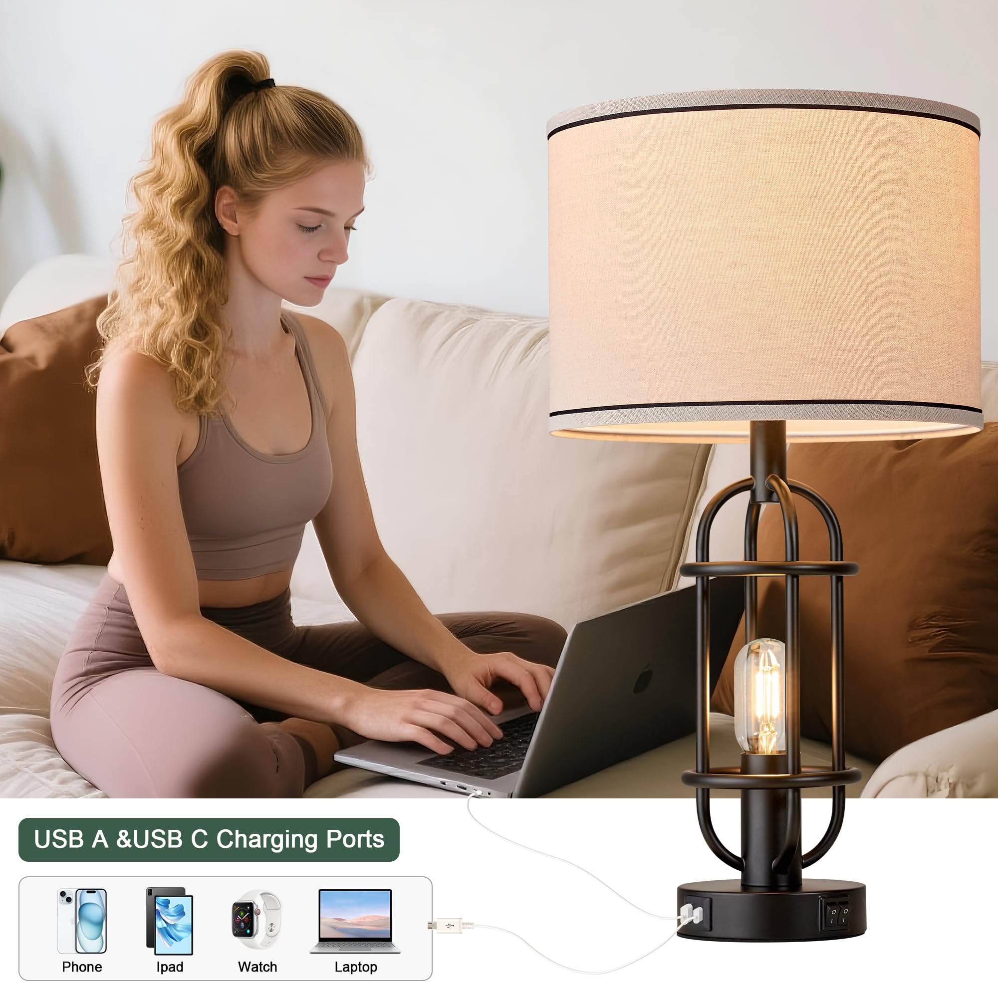 Reaketon farmhouse lamps emit cozy glow in living room setting.