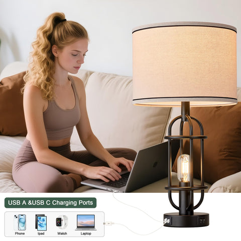 Reaketon farmhouse lamps emit cozy glow in living room setting.