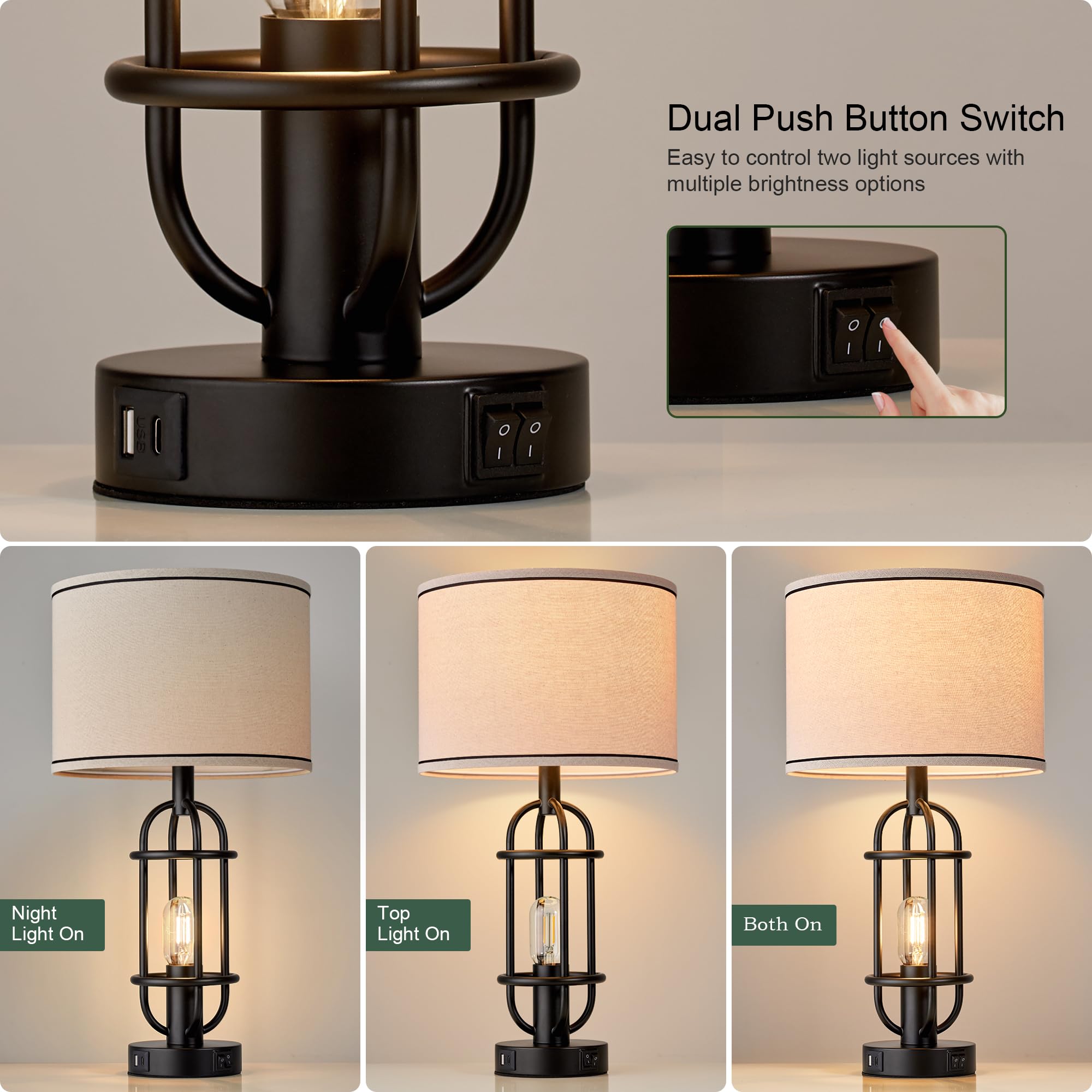 Reaketon industrial table lamps with USB ports for charging devices.