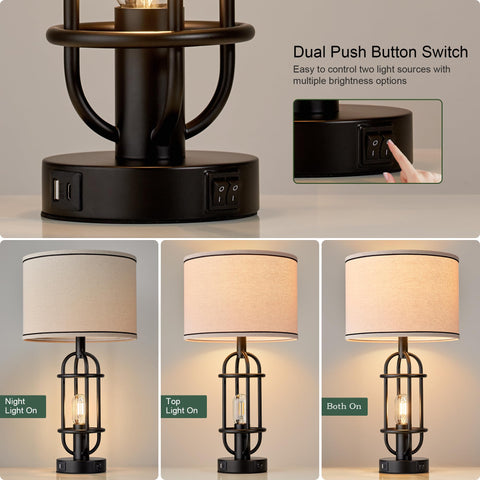 Reaketon industrial table lamps with USB ports for charging devices.
